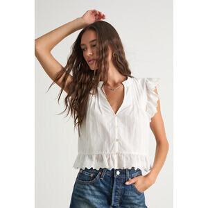Lulus Annabelle Ivory Pleated Cotton Button-up Top White - Size XS
